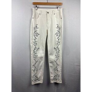 Women’s Anthony Studios Size 6 White Jeans with Silver & Grey Embroidery